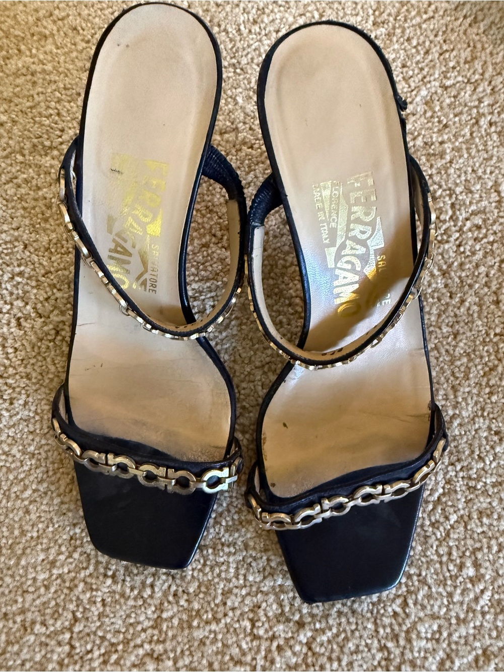 Salvatore Ferragamo Black Leather Chain-Trim Heeled Sandals